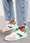 Biało-Zielone Płaskie Skórzane Sneakersy Ozdobione Przeszyciami Verietta