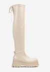 Beżowe Wysokie Kozaki Muszkieterki na Tłoczonej Platformie z Regulowaną Cholewką za Kolano Raivira