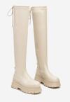 Beżowe Wysokie Kozaki Muszkieterki na Tłoczonej Platformie z Regulowaną Cholewką za Kolano Raivira