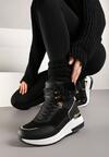 Czarne Sneakersy na Ukrytym Koturnie z Futerkową Wstawką i Metalicznym Akcentem Kaivn