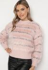 Różowy Sweter w Paseczki z Wiskozą o Długim Włosiu Nerlina