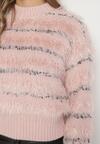 Różowy Sweter w Paseczki z Wiskozą o Długim Włosiu Nerlina