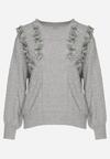 Szary Sweter z Wiskozą o Pudełkowym Kroju Ozdobiony Kwiatami i Perełkami Raiviana