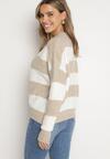 Beżowy Sweter w Pasy z Wełną Zakończony Ściągaczem Tiaelle