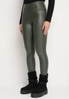 Ciemnozielone Legginsy z Ekoskóry Ocieplane z Efektem Push-Up Labrisa