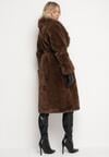 Brązowy Futerkowy Płaszcz z Szerokim Kołnierzem i Mankietami z Wiązanym Paskiem Viaruna