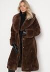 Brązowy Futerkowy Płaszcz z Szerokim Kołnierzem i Mankietami z Wiązanym Paskiem Viaruna