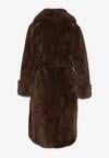 Brązowy Futerkowy Płaszcz z Szerokim Kołnierzem i Mankietami z Wiązanym Paskiem Viaruna