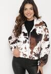 Czarno-Biała Futerkowa Kurtka ze Ściągaczami i Kołnierzykiem w Animal Print Fortilia