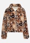 Czarno-Beżowa Futerkowa Kurtka ze Ściągaczami i Kołnierzykiem w Animal Print Fortilia