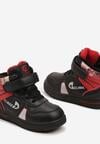 Czarno-Czerwone Ocieplone Botki w Stylu Sneakersów na Rzep z Ozdobnymi Wstawkami Zavinara