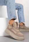 Ciemnobeżowe Botki na Grubej Podeszwie w Stylu Sneakersów ze Sznurowaniem i Futerkiem Narilae