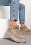 Ciemnobeżowe Sznurowane Sneakersy  na Grubej Podeszwie z Futerkiem i Aplikacją Tinivra