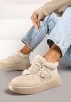 Beżowe Sznurowane Sneakersy  na Grubej Podeszwie z Futerkiem i Aplikacją Tinivra