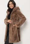 Brązowy Futrzany Płaszcz z Kapturem i Zapięciem na Suwak Hedilia