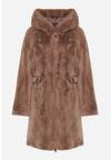 Brązowy Futrzany Płaszcz z Kapturem i Zapięciem na Suwak Hedilia