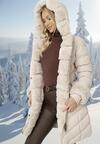 Jasnobeżowa Pikowana Kurtka Zimowa z Paskiem i Futerkowymi Obszyciami z Możliwością Odpięcia Hedirra