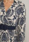 Granatowo-Beżowa Wiskozowa Kopertowa Sukienka w Stylu Boho z Materiałowym Paskiem z Klamrą Rinovia