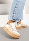 Beżowo-Białe Płaskie Sneakersy z Perforacją i Ozdobnymi Przeszyciami Neaviria
