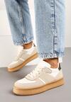 Beżowo-Białe Płaskie Sneakersy z Perforacją i Ozdobnymi Przeszyciami Neaviria