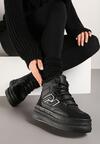 Czarne Sneakersy na Grubej Podeszwie z Tłoczeniem Futerkiem i Geometryczną Wstawką Nealandra