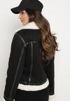 Czarna Kurtka Biker z Futerkiem Typu Baranek i Asymetrycznym Zapięciem Neavielis