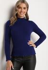 Granatowy Sweter z Wełną i Ozdobną Falbanką przy Dekolcie Seanoria