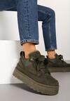 Ciemnozielone Sneakersy na Grubej Podeszwie Ocieplane Futerkiem Tifitana