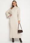 Beżowa Sweterkowa Sukienka z Wiskozą i Wywiniętymi Rękawami Gebiga