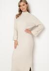 Beżowa Sweterkowa Sukienka z Wiskozą i Wywiniętymi Rękawami Gebiga