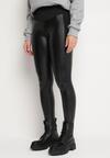 Czarne Ocieplane Legginsy High Waist z Imitacji Skóry z Bawełną Kevemi