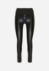 Czarne Ocieplane Legginsy High Waist z Imitacji Skóry z Bawełną Kevemi