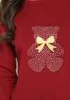 Bordowy Bawełniany Komplet Dresowy z Ociepleniem i Misiem Bluza i Spodnie z Gumką w Pasie Nelasina