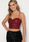 Bordowy Top na Ramiączkach z Dekoltem w Kształcie Serca Zdobiony Cekinami Senelle