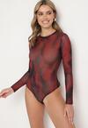 Bordowe Dopasowane Body Longsleeve z Siateczkowego Materiału z Wiskozą Listaria