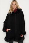 Czarny Rozkloszowany Płaszcz z Wiskozą Wełną i Odpinanym Futrzanym Kołnierzem Nesalttia
