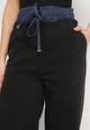Czarne Szerokie Spodnie z Bawełną Wysokim Stanem i Wstawką Imitującą Jeans Tannira