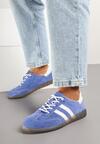 Niebieskie Skórzane Sneakersy na Płaskiej Podeszwie Ozdobione Paskami Nelavirae