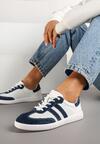 Granatowo-Białe Płaskie Sneakersy ze Skóry Naturalnej Ozdobione Perforacją i Paskami Nelithor