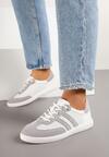Szaro-Białe Płaskie Sneakersy ze Skóry Naturalnej Ozdobione Perforacją i Paskami Nelithor