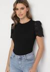 Czarny Bawełniany T-shirt z Ażurowymi Rękawami Nalanis