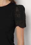 Czarny Bawełniany T-shirt z Ażurowymi Rękawami Nalanis
