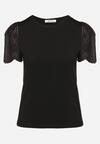 Czarny Bawełniany T-shirt z Ażurowymi Rękawami Nalanis