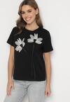 Czarny T-shirt z Bawełny Ozdobiony Kwiatami Marionis