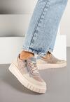 Beżowo-Niebieskie Skórzane Sneakersy w Streetwearowym Stylu Zdobione Suwakiem Elearessa