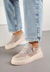 Beżowo-Niebieskie Skórzane Sneakersy w Streetwearowym Stylu Zdobione Suwakiem Elearessa