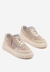 Beżowo-Niebieskie Skórzane Sneakersy w Streetwearowym Stylu Zdobione Suwakiem Elearessa