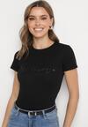 Czarny Bawełniany T-shirt z Metalicznym Napisem Xalaviel