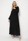 Czarna Wiskozowa Sukienka Boho o Rozkloszowanym Kroju z Gumką i Koronką Gonillea
