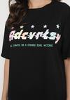 Czarny Oversizowy T-shirt z Napisem z Przodu i Gwiazdami na Plecach Ilanlith